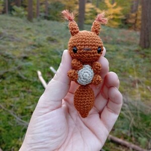 May include: A handmade crochet squirrel in shades of brown and gray. The squirrel has small, dark eyes, a fluffy tail, and tufts of hair on its ears. The squirrel is held in a hand against a blurred forest background.