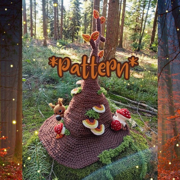 Autumn tree witch hat, nature cosplay, fantasy forest, squirrel, mushroom, cottagecore, forestcore, crochet pattern (US, FR)