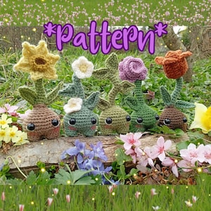 Può includere: Una collezione di creature all'uncinetto a forma di fiore, con grandi occhi neri e facce sorridenti. I fiori sono in vari colori, tra cui giallo, bianco, viola e arancione. La parola "Pattern" è scritta in viola sopra le creature.