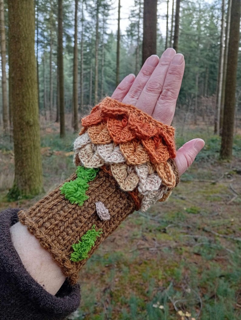 Manoplas de árbol, moda otoñal, cosplay, naturaleza, druida, estilo forestcore, ganchillo hecho a mano imagen 6