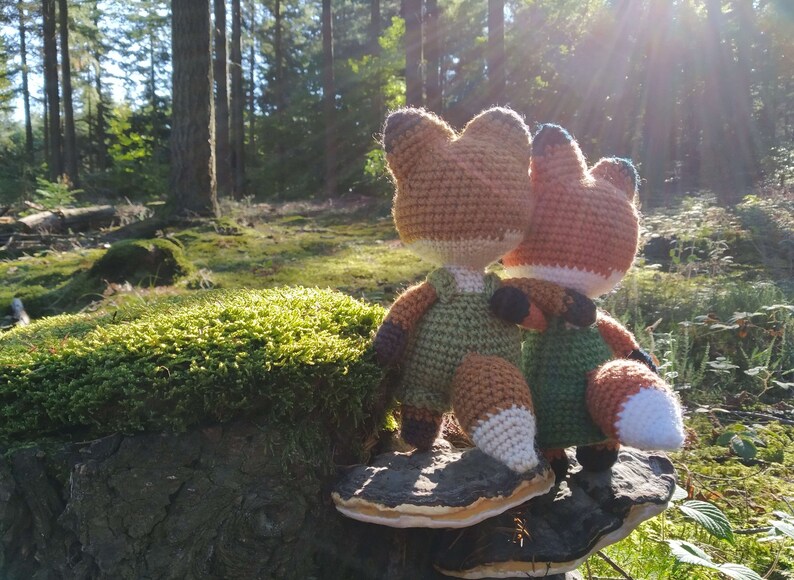 May include: Two crocheted fox plushies, one brown and one green, are sitting on a mushroom-shaped rock in a forest setting. The plushies are facing the same direction, with the brown fox in front of the green fox.
