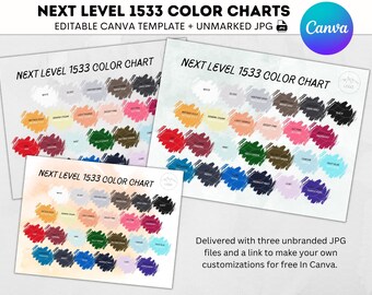 Op de afbeelding: Drie kleurkaarten met de tekst "Next Level 1533 Color Chart" en een logo met de tekst "LOGO". Elke kaart toont een raster met 36 kleursamples met de kleurnamen onder elk sample.