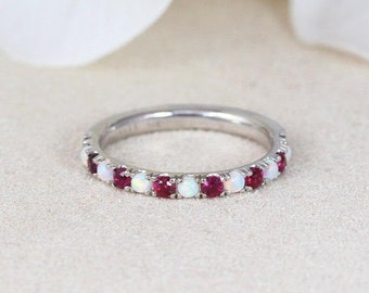 Ruby and Opal Engagement silver ring, Ruby Opal womens ring, Wedding ring, Birthstone ring, gemstone ring, Eternity ring band, Promise ring