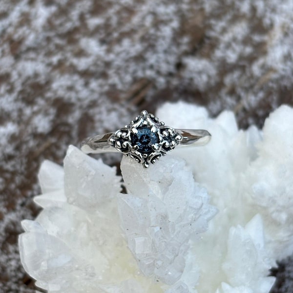Filigree framed Montana Sapphire Ring