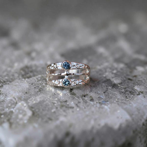 Hammered  2 Stone Montana Sapphire Ring