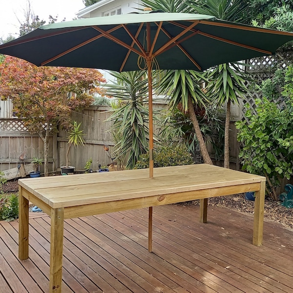 DIY plans for an outdoor farmhouse table capable of seating 12 people