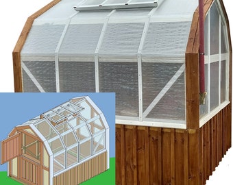 Build plans for a 6ft x 8ft (1800 x 2400mm) sturdy barn-style greenhouse with a roof vent and stable door.