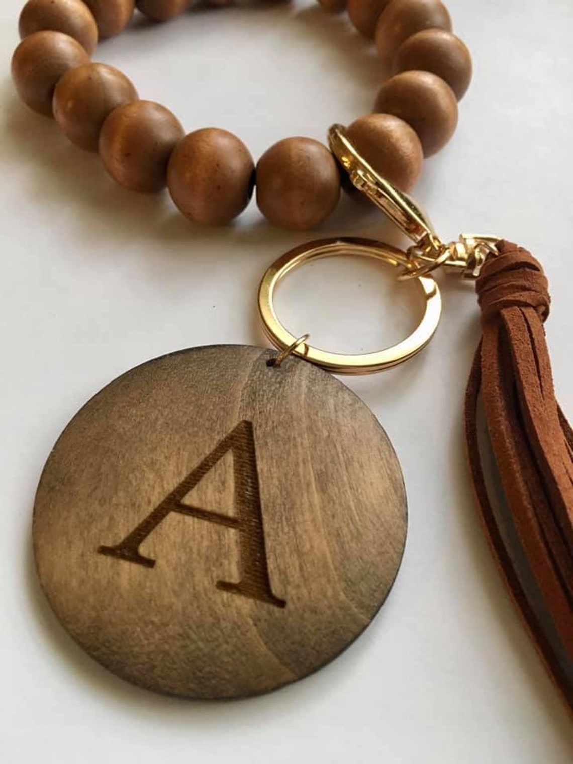 Personalized Wristlet Keychain Wood Bead Bracelet Boho Etsy