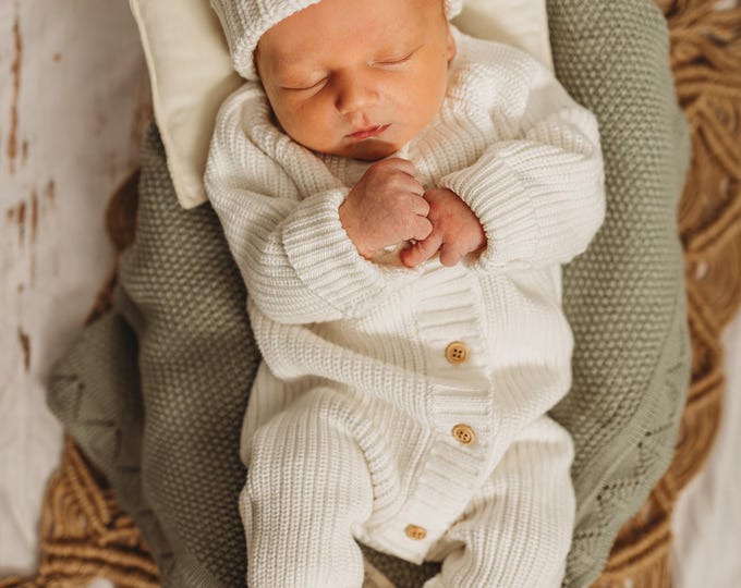 BABY KNIT romper, newborn knits, baby photoshoot outfit, hospital outfit, neutral baby knits, baby romper, baby romper knit set, chunky knit