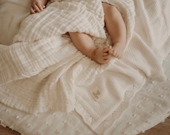 STRICK BABY DECKE, Weiße Babydecke, Babydecke aus Bio-Baumwolle, Baby Jungen Decke, Baby Mädchen Decke, Fotoshooting Babydecke