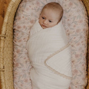 6 layer organic cotton gauze baby blanket with lace edge | Baby shower gift image 6