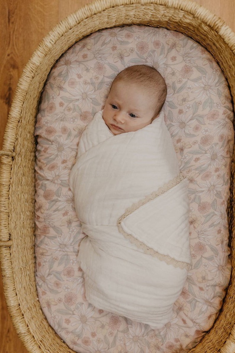 6 layer organic cotton gauze baby blanket with lace edge | Baby shower gift image 6