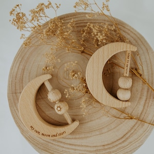 WOODEN BABY TOY, moon rattle, Engraved keepsake, Baby Shower Gift, newborn Baby gift, heirloom gift, baby photo prop, milestone photo