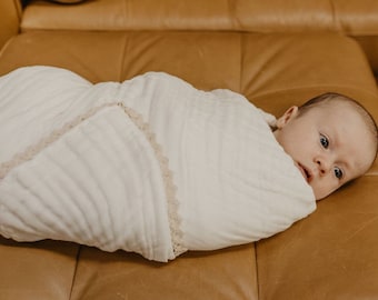 Organic Cotton Baby Gauze Blanket: Neutral Lace Swaddle