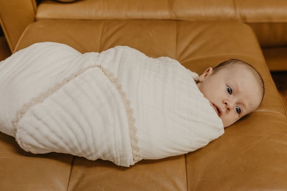 Organic Cotton Baby Gauze Blanket: Neutral Lace Swaddle