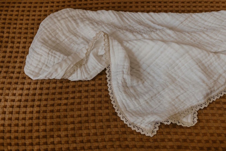 6 layer organic cotton gauze baby blanket with lace edge | Baby shower gift image 10