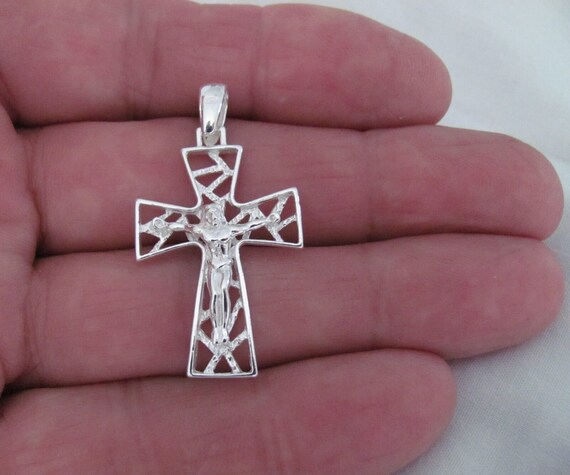 Sterling Silver 31mm filigree Crucifix Cross pend… - image 1