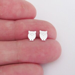 May include: A pair of silver-colored owl stud earrings. Each earring features a small, stylized owl design with heart-shaped eyes. The earrings are shown on a person's skin.
