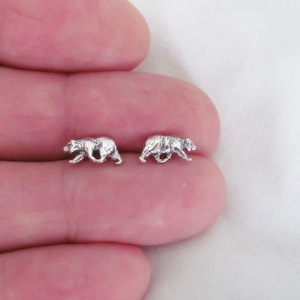 May include: A pair of silver bear stud earrings. The bears are facing the same direction and are walking.