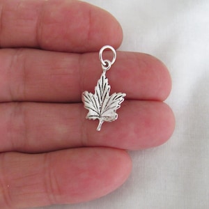 May include: A silver charm in the shape of a maple leaf. The charm is small and detailed, with a textured surface.