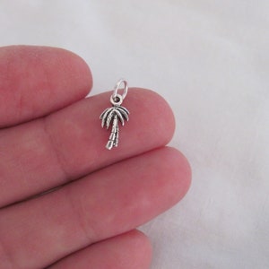 May include: A silver palm tree charm pendant. The charm is small and detailed, with a textured surface.