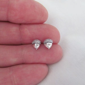 May include: A pair of silver acorn stud earrings. The earrings are small and have a textured surface.