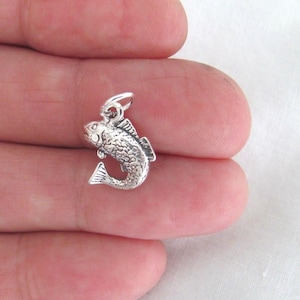 May include: A silver charm in the shape of a fish. The fish is detailed with scales and has a slightly open mouth.