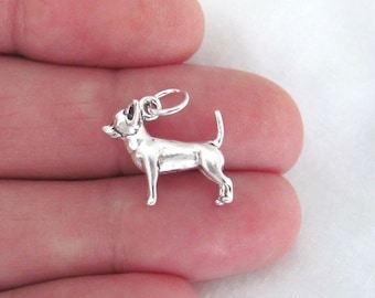 May include: A silver charm in the shape of a Chihuahua dog. The charm is detailed with a small, black nose and eyes.