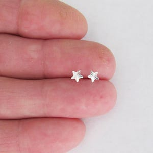 May include: A pair of small, silver star-shaped stud earrings. The earrings are displayed on a person's finger, showcasing their delicate design. The stars have a textured surface, catching the light.
