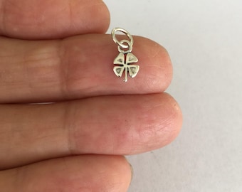 Very small Solid  Sterling Silver antiqued look lucky 4 leaf clover mini tiny charm. (Brand new)