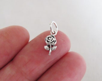 May include: A silver charm in the shape of a rose with a stem and leaves.