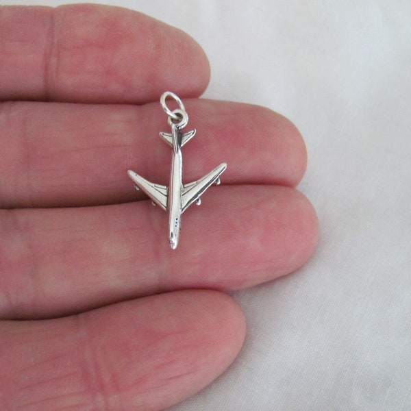 Solid Sterling Silver 3d Jet Airplane charm (Brand new)