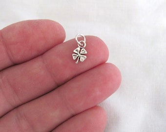 Very small Solid  Sterling Silver antiqued look lucky 4 leaf clover mini tiny charm. (Brand new)