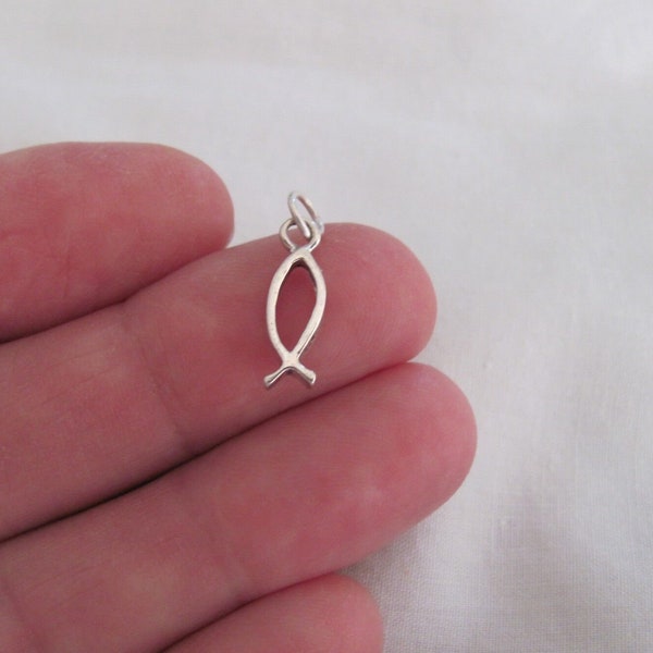 Very small Solid  Sterling Silver 3D Christian fish Ichthus mini tiny charm. (Brand new)
