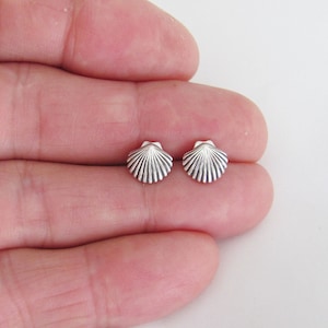 May include: A pair of silver seashell stud earrings. The earrings are small and delicate, and they feature a realistic seashell design.