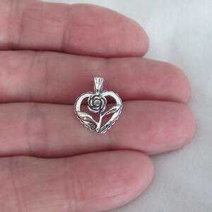 Sterling Silver 18mm Rose in heart small pendant. (Brand new)