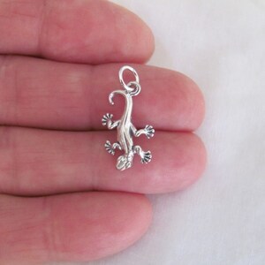 May include: A silver charm in the shape of a gecko lizard. The charm is detailed and has a loop for attaching to a bracelet or necklace.