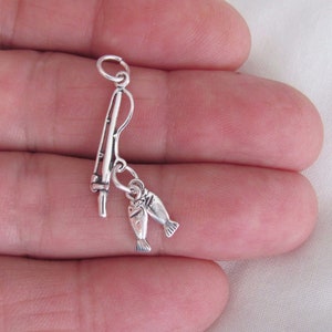 Solid Sterling Silver Fishing pole with fish dainty small charm (Brand new)