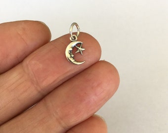 Very small Solid  Sterling Silver Crescent moon and star mini tiny charm. (Brand new)
