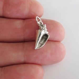 May include: A silver charm in the shape of a seashell. The charm is detailed and realistic, with a smooth, polished finish.