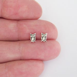 May include: A pair of small, silver-colored owl stud earrings. Each earring features a detailed owl design with visible eyes, wings, and a textured body. The earrings are displayed against a light background.