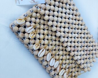 Sea Bag, Wooden Shoulder Bag, Wooden Bead Bag, Sea Shell Bag, Bead Bag, Shoulder Bag, Bead Bag Vintage