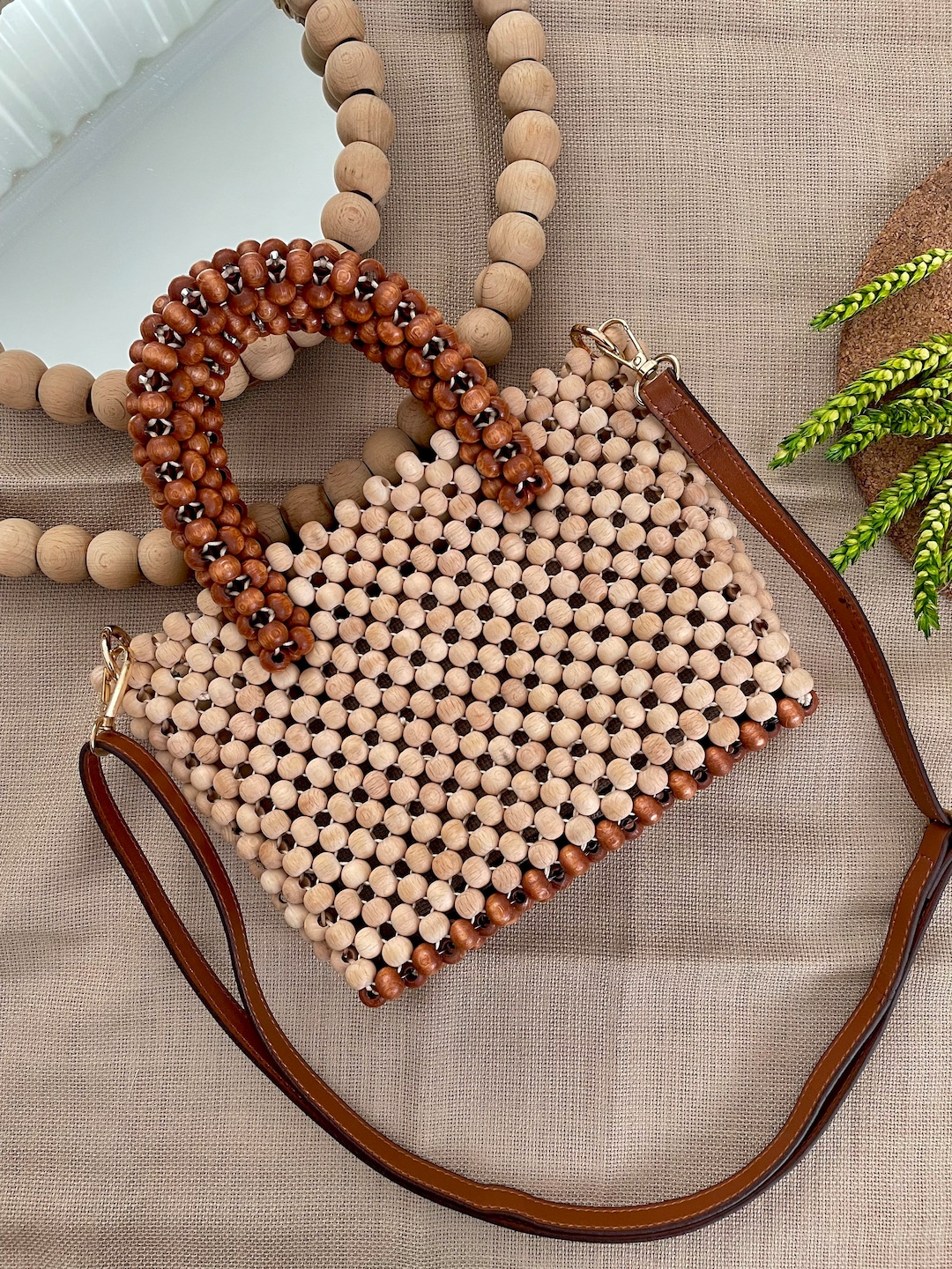 Wooden Bead Shoulder Bag Bead Bag Leather Strap Bag Brown Etsy