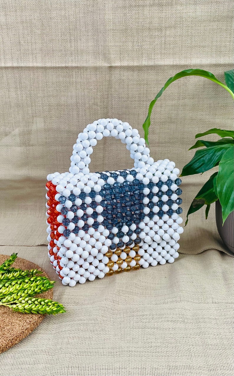 White and crystal beads handmade bead bag, Beaded bag, Gift for her image 1