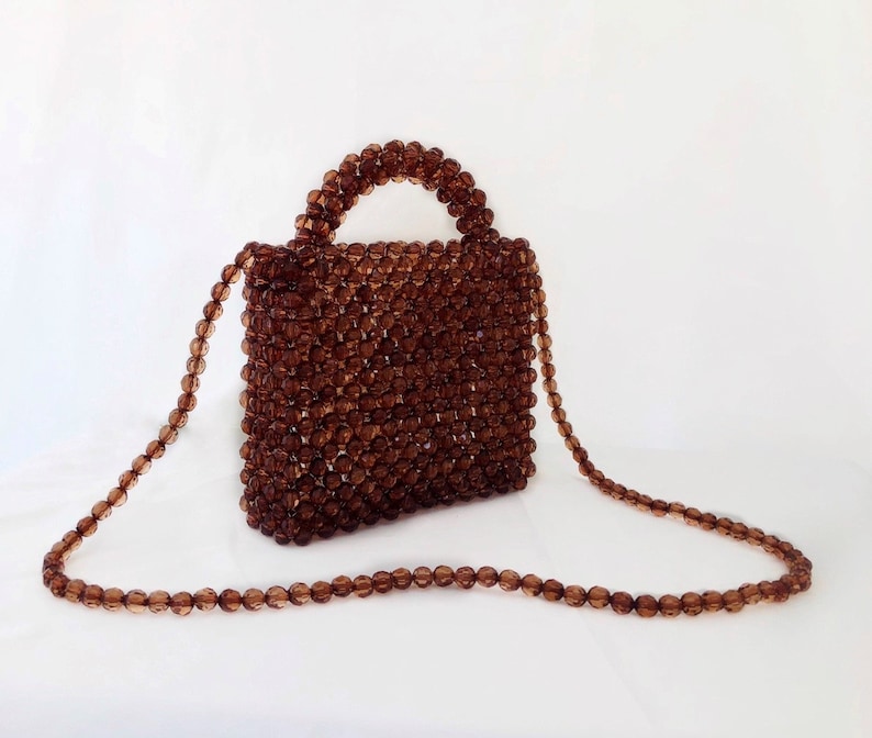 Crystal bead bag, Bead shoulder bag, Women Bead bag, Bead Bag, Pink Bead bag, Women handbags, Bead Bag Vintage, Love gift Brown