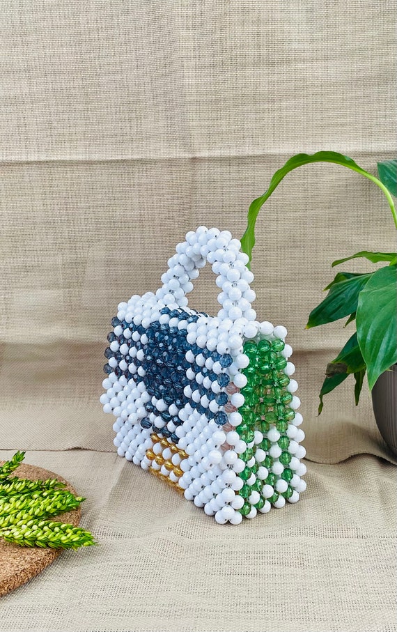 White and crystal beads handmade bead bag Beaded bag Gift for her