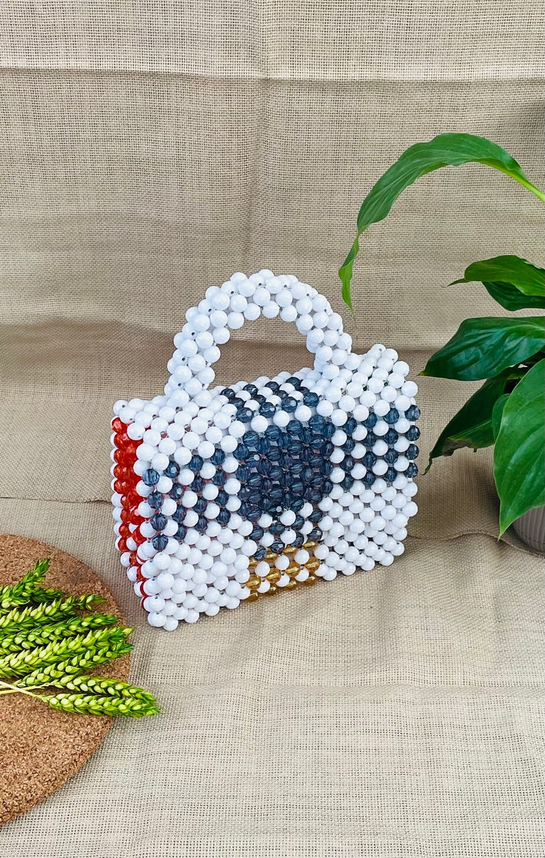 White and crystal beads handmade bead bag, Beaded bag, Gift for her image 5