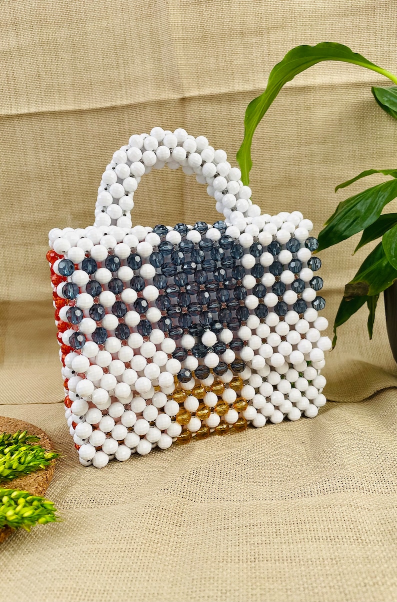 White and crystal beads handmade bead bag, Beaded bag, Gift for her image 4