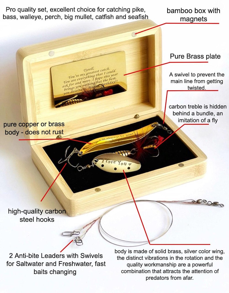 A bamboo fishing lure set presented in a box with magnets. The set includes brass lures, carbon steel hooks, and anti-bite leaders. The lures are designed for catching fish such as pike, bass, and walleye. The box also contains a card with text.