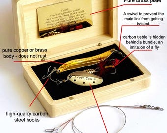 Personalized Fishing gift Lure Set: Engraved Copper Lures Baits, wood Box